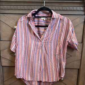 Madewell Asymmetrical Brown and White Short Sleeve Blouse